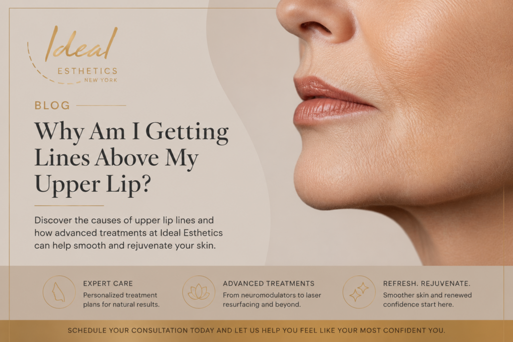 Close-up of a woman's upper lip showing fine vertical lip lines, also known as smoker's lines or perioral wrinkles, illustrating common signs of aging treated at Ideal Esthetics in New York.